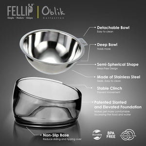 Fellip Oblik stainless steel pet bowl set shown on a dark gray background with callout lines and text listing features such as detachable bowl, deep bowl, semi-spherical shape, stainless steel construction, stable clinch, non-slip base, and BPA free at Pet Servo