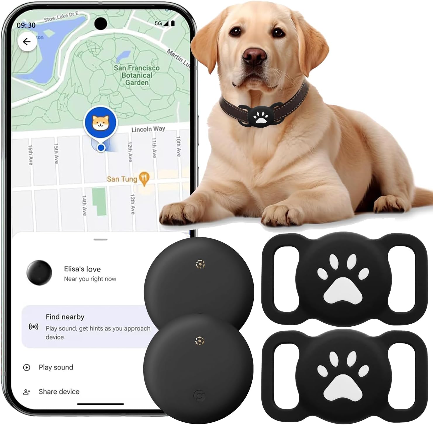 Smart pet tracker device with app on phone, dog wearing collar, and additional collars displayed at Pet Servo