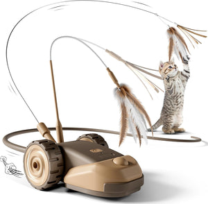 Cat toy with feathered wand and a cat interacting with it on a white background at Pet Servo