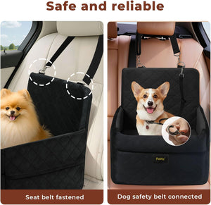A car seat safety harness accessory shown in a side-by-side comparison on a car interior. The left panel shows a small fluffy dog sitting behind a black quilted car seat belt fastener panel, with dashed circles highlighting the seat belt connection area at Pet Servo