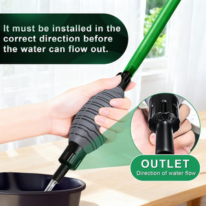 Person holding a green and black garden hose nozzle with text indicating correct installation direction at Pet Servo