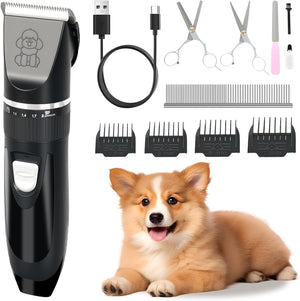 Electric pet grooming clipper set shown with a small corgi dog on a white background, including the black clipper with guard combs, USB charging cable, metal scissors, nail clipper, comb, and a training treat stick at Pet Servo