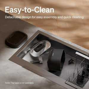 Detachable kitchen sink components on a countertop with text about easy assembly and cleaning.