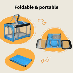 Foldable and portable blue pet carrier with clear sides on a beige background at Pet Servo