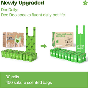 Promotional product graphic for DooDaily Deo Doo poop bags showing a before-and-after comparison of the packaging and green reusable bags. The left side shows a brown box labeled 'Deo Doo 450' next to a green reusable bag and a row of green bag rolls at Pet Servo