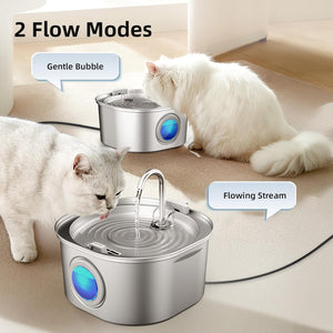 Two cats drinking water from a pet fountain with two flow modes labeled at Pet Servo