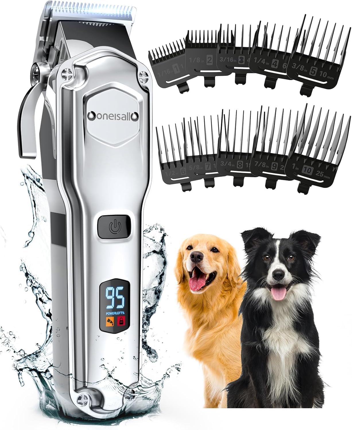Dog grooming clipper with attachments and two dogs on a white background at Pet Servo