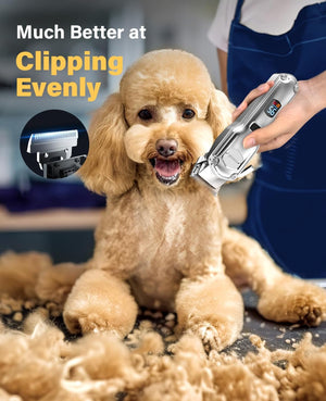 Dog being groomed with a hair clipper, with text 'Much Better at Clipping Evenly' and an inset showing the blade at Pet Servo