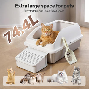 Pawz - 74.4L Anti-Urine Leakage Extra-Large Stainless-Steel Litter Box with Lid for Big Cats at Pet Servo