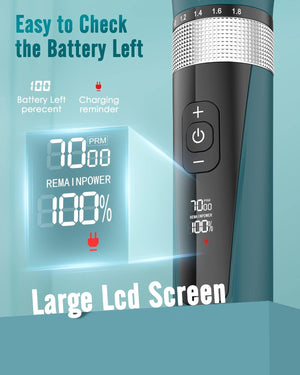 Black grooming tool with large LCD screen displaying battery life and settings on a blue background at Pet Servo