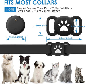 Black dog collar with paw design, measurements, and compatibility with various pets at Pet Servo