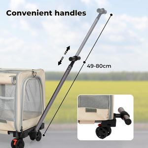 Adjustable pet stroller handle with text 'Convenient handles' and dimension callout '49-80cm' on a blurred outdoor background, plus a close-up inset of the handle attachment at Pet Servo