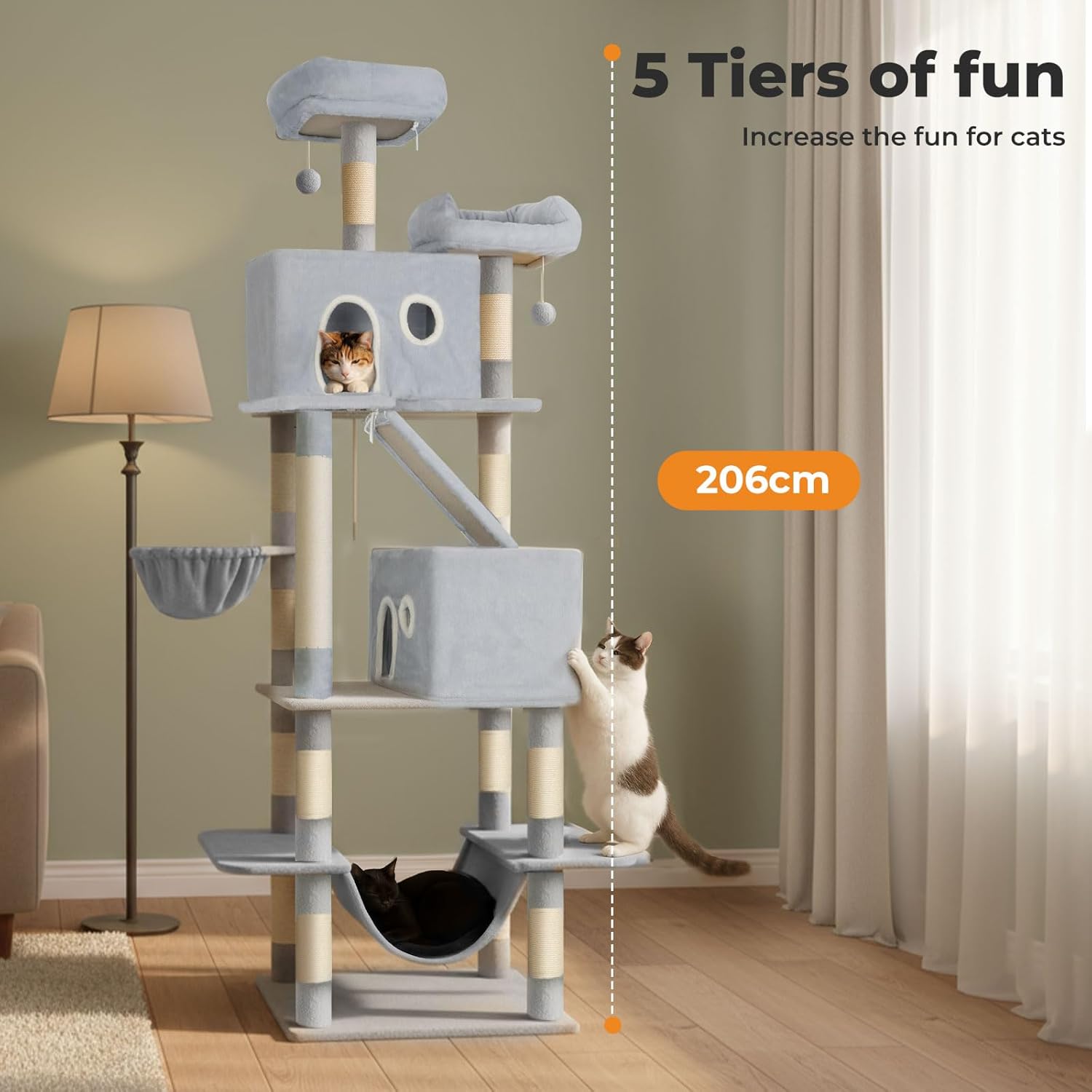A tall multi-level cat tree in light blue and beige stands in a living room with a cat on each level. The scene includes text reading '5 Tiers of fun' and '206cm' with a dotted measurement guide, indicating product features and dimensions at Pet Servo
