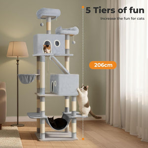 A tall multi-level cat tree in light blue and beige stands in a living room with a cat on each level. The scene includes text reading '5 Tiers of fun' and '206cm' with a dotted measurement guide, indicating product features and dimensions at Pet Servo