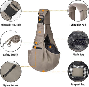 Pet sling carrier with various features highlighted on a white background at Pet Servo