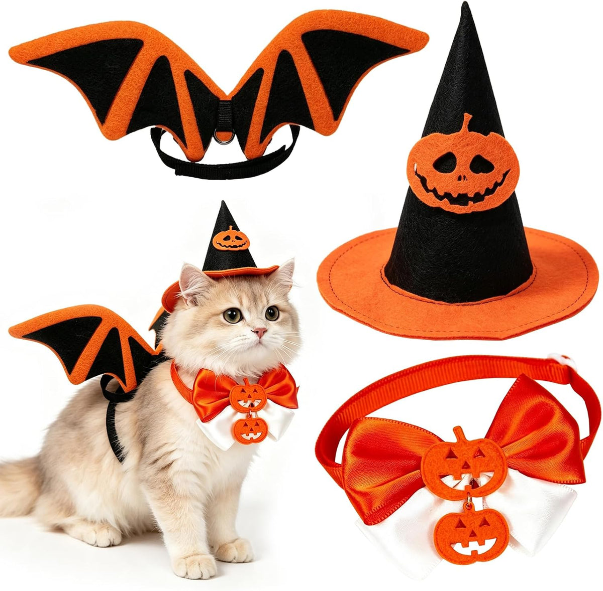 Halloween pet costume set featuring a cat wearing a witch hat with a pumpkin face, orange bat wings, and an orange bow tie, alongside separate costume components on a white background.