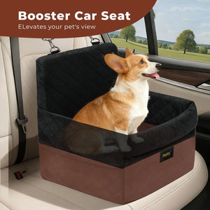 Dog sitting in a brown and black pet booster car seat with text 'Booster Car Seat Elevates your pet's view' at Pet Servo