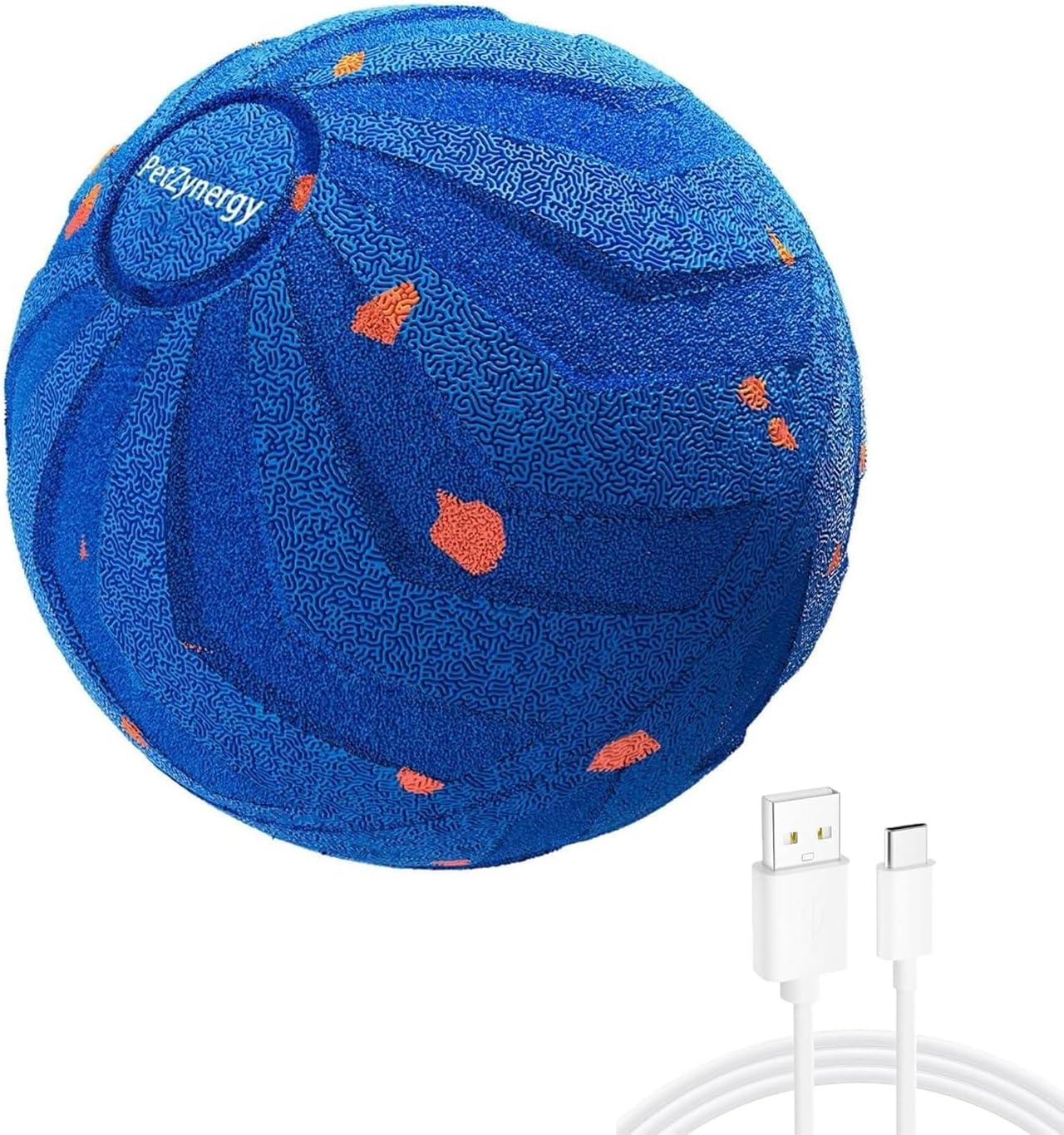 Blue textured ball with orange accents and a USB cable on a white background at Pet Servo