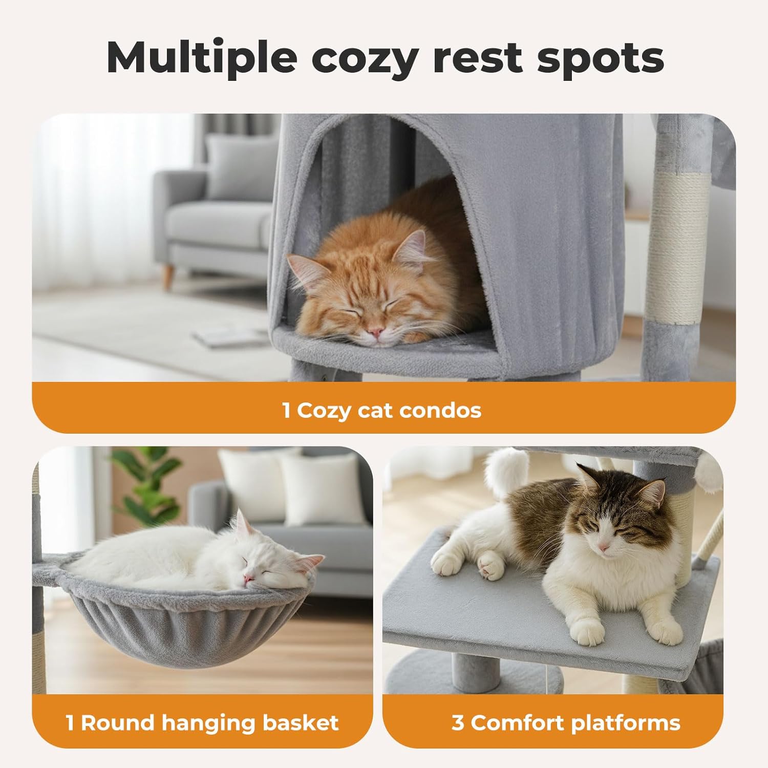 Promotional collage showing a cat tree with multiple cozy resting spots: an orange cat in a gray cat condo, a white cat in a round hanging basket, and a brown-and-white cat on a comfort platform. Text at the top reads 'Multiple cozy rest spots' with callout labels below each scene at Pet Servo