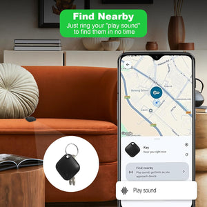 Smart keychain with app on phone showing location in a living room setting at Pet Servo