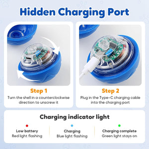 Instructions for using a device with a hidden charging port, showing steps and charging indicator lights at Pet Servo