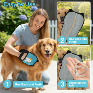 Woman grooming a dog with a pet grooming tool, showing the product's use and effectiveness at Pet Servo