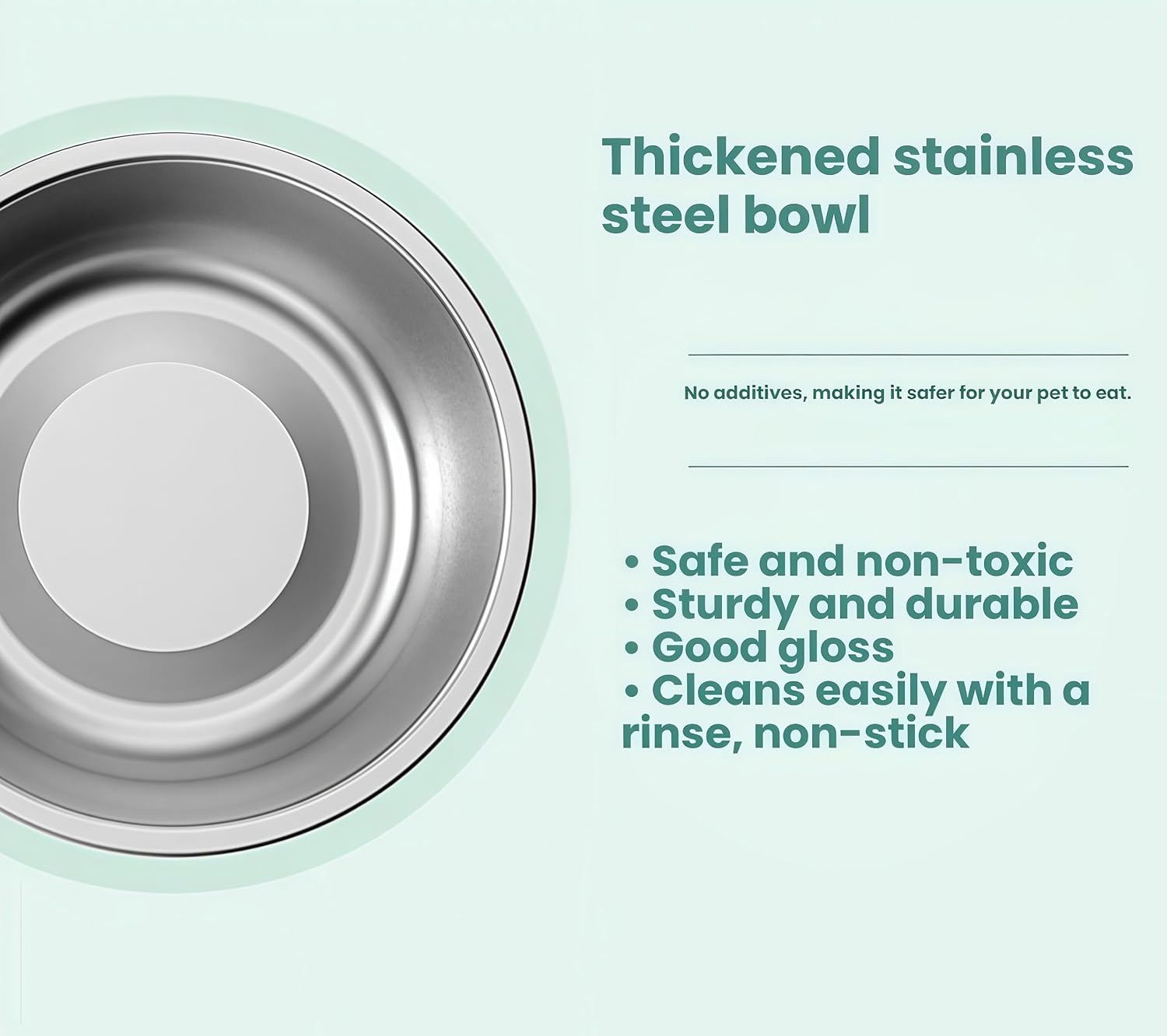 A thickened stainless steel pet bowl shown on a pale mint background with marketing text describing its features, including thickened steel construction, no additives, and easy cleaning at Pet Servo