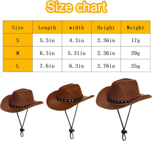 Size chart graphic showing a size table for a brown cowboy hat with rows labeled S, M, and L, plus three illustrations of the hat below to show the fit and hanging cord at Pet Servo