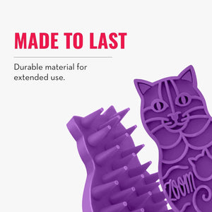 Purple cat-shaped grooming tool with 'zoom' branding on a white background, featuring text about durability at Pet Servo