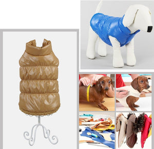 Collage of dog coats in different colors with a mannequin display and dogs wearing the coats at Pet Servo