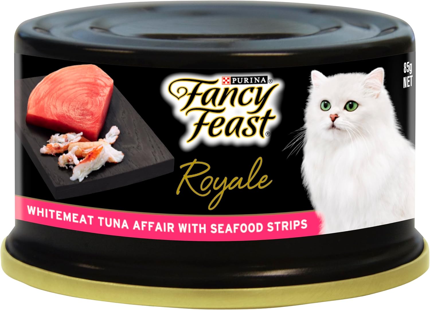Can of Purina Fancy Feast Royale cat food with a white cat on the label at petservo