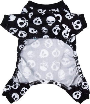 A small pet jumpsuit or romper with a black and white skull pattern on the exterior and a light gray interior with a white skull print at Pet Servo