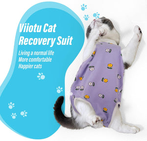Cat wearing a purple recovery suit with text about the product on a white background at Pet Servo