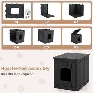 Step-by-step assembly guide for a black pet house with final product display at Pet Servo