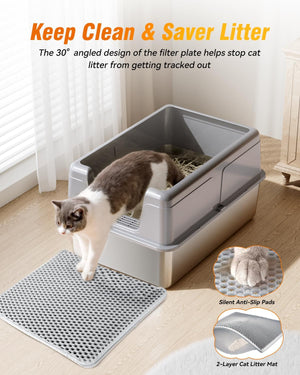 Cat using a self-cleaning litter box with text highlighting features at Pet Servo