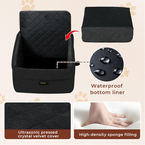 Black car seat cover with features highlighted on a beige background at Pet Servo