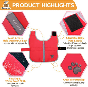 Red dog vest with features highlighted on a white background at Pet Servo