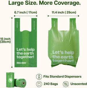 Green plastic bag liners with white text reading 'Let's help the earth together!' shown in two sizes with dimension labels, plus a rolled stack and icons noting 240 bags, unscented, and fit for standard dispensers at Pet Servo