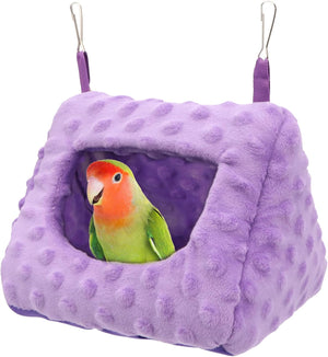 Purple bird hammock with a parrot inside on a white background at Pet Servo