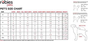 A Rubies Pets pet size chart diagram showing a size guide for dogs with a detailed measurement table from XS to XXL, plus small line drawings of dogs illustrating how to measure neck-to-tail, chest, sleeve, hood, and armhole at Pet Servo