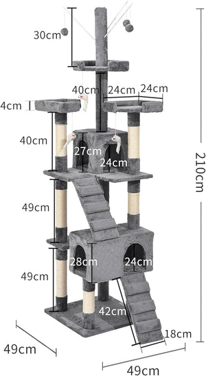 A gray cat tree with multiple platforms, scratching posts, a staircase, and two cat houses, shown with overlaid dimension labels and measurements on a white background at Pet Servo