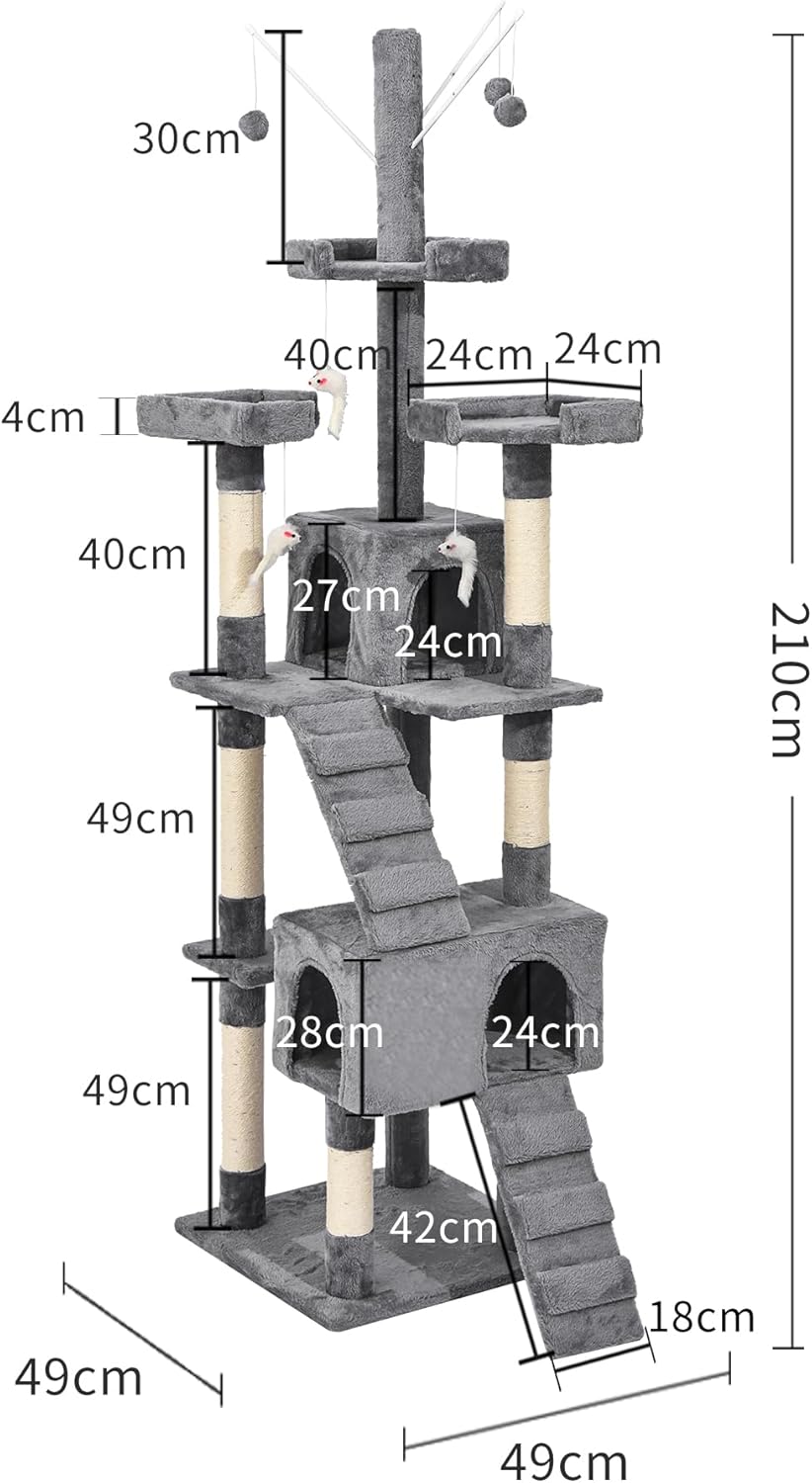 A gray cat tree with multiple platforms, scratching posts, a staircase, and two cat houses, shown with overlaid dimension labels and measurements on a white background at Pet Servo