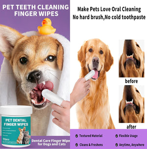 Pet dental finger wipes advertisement featuring a dog being cleaned, before/after mouth close-ups, a small yellow rubber duck, and a tub of pet dental finger wipes on a purple and white graphic background at Pet Servo