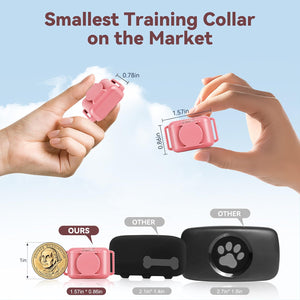 Small pink training collar with measurements and comparison to other collars on a blue sky background