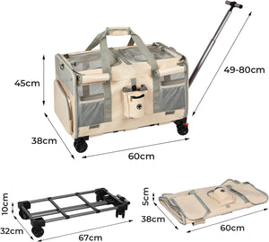 Beige pet carrier bag with wheels, mesh side panels, and a telescoping handle, shown with dimension labels and folded size information on a white background at Pet Servo