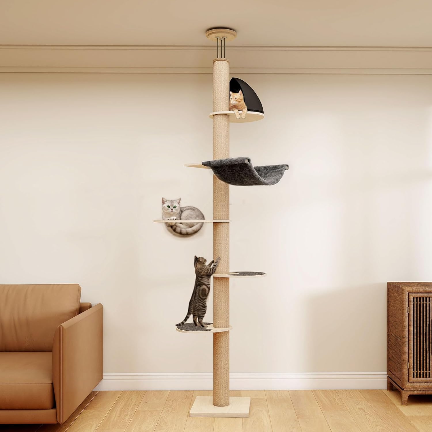 A tall cat tree with multiple levels stands in a living room. Two cats are present: one sitting on the top perch and one climbing on the middle platform at Pet Servo