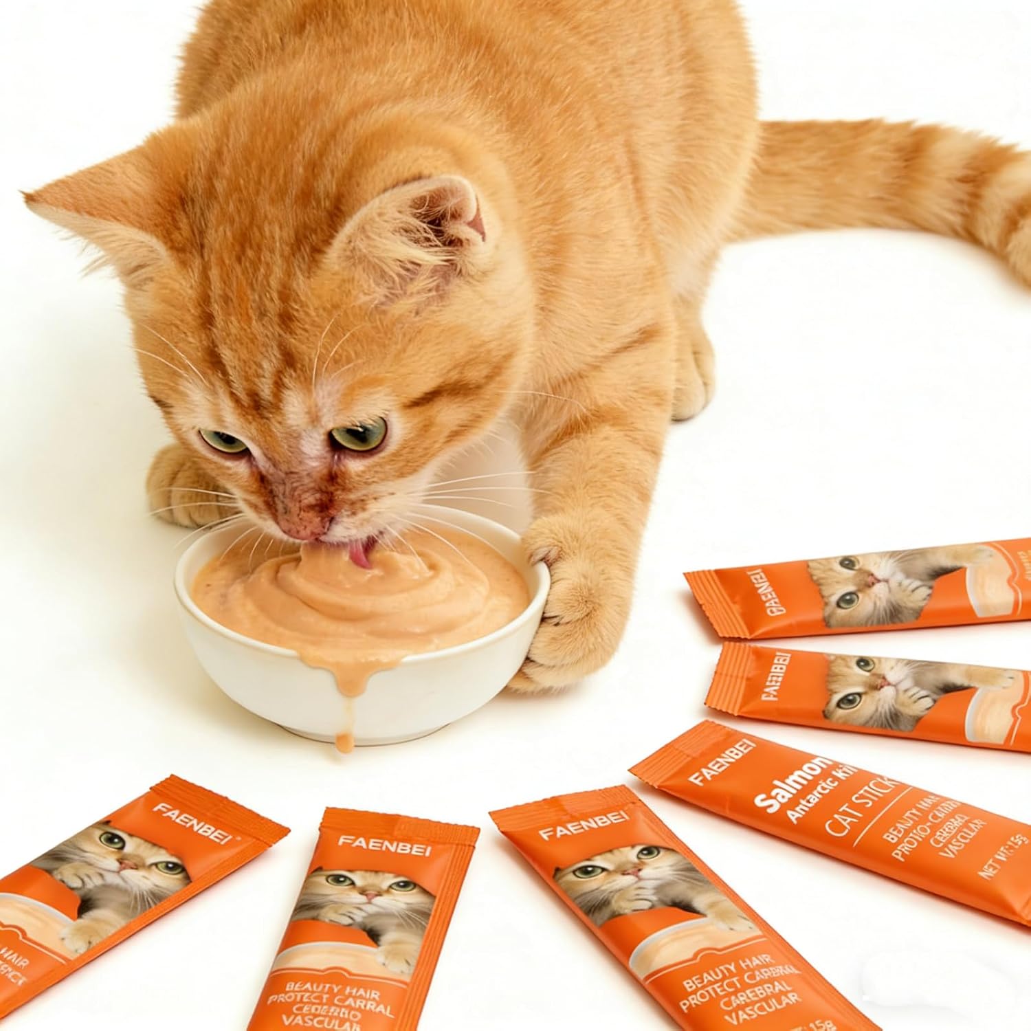 Orange cat eating from a bowl with Fazbei cat food packages around it on a white background at Pet Servo