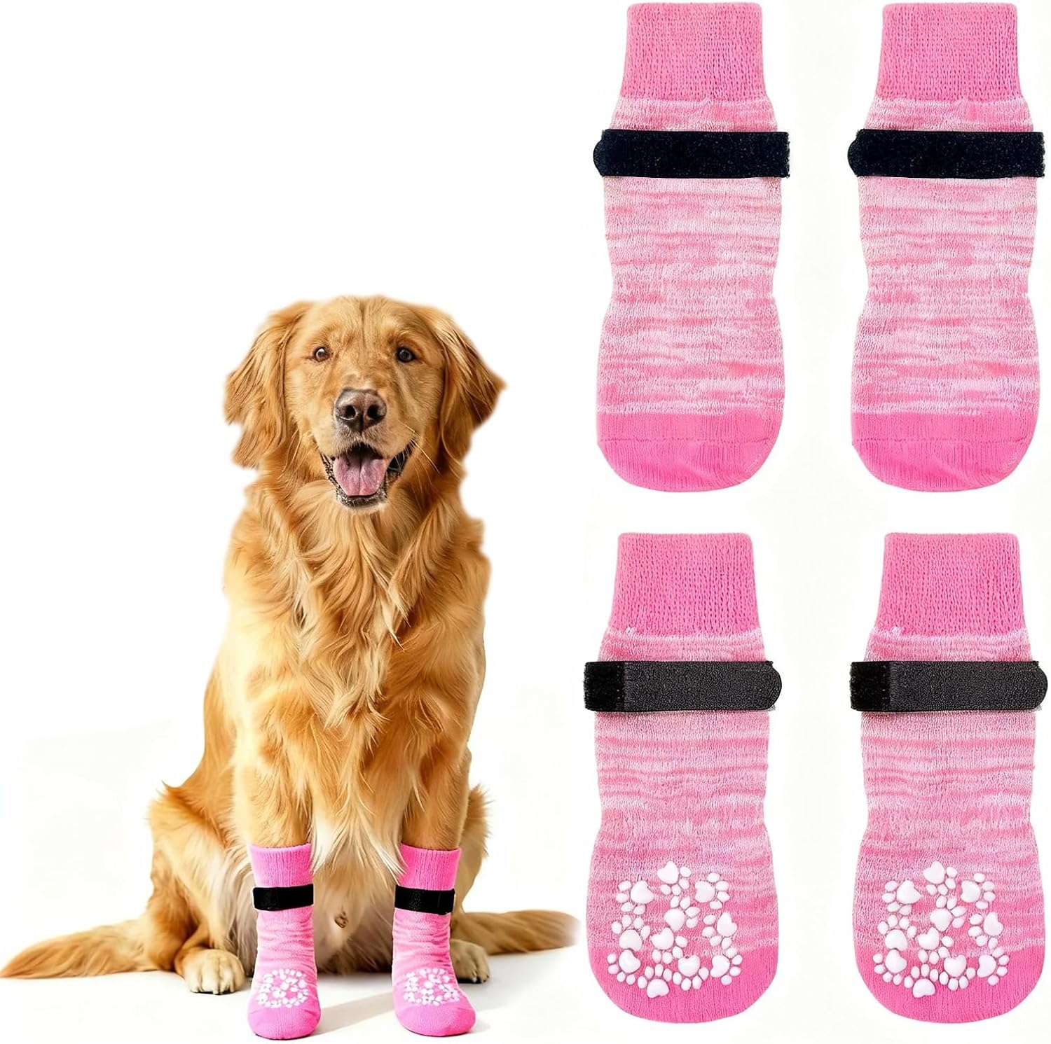 Dog wearing pink dog boots with paw prints and a set of four additional pink dog boots on a white background at Pet Servo