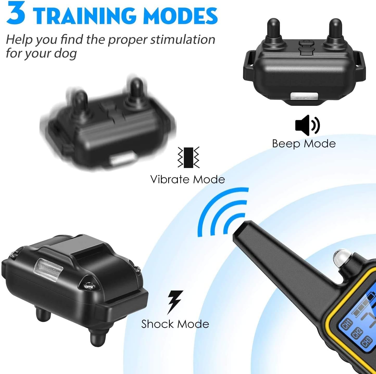 Dog training device with three modes: beep, vibrate, and shock, on a white background at Pet Servo