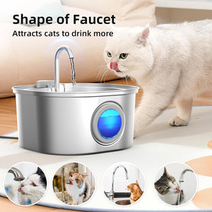 Cat drinking water from a pet fountain with faucet design at Pet Servo